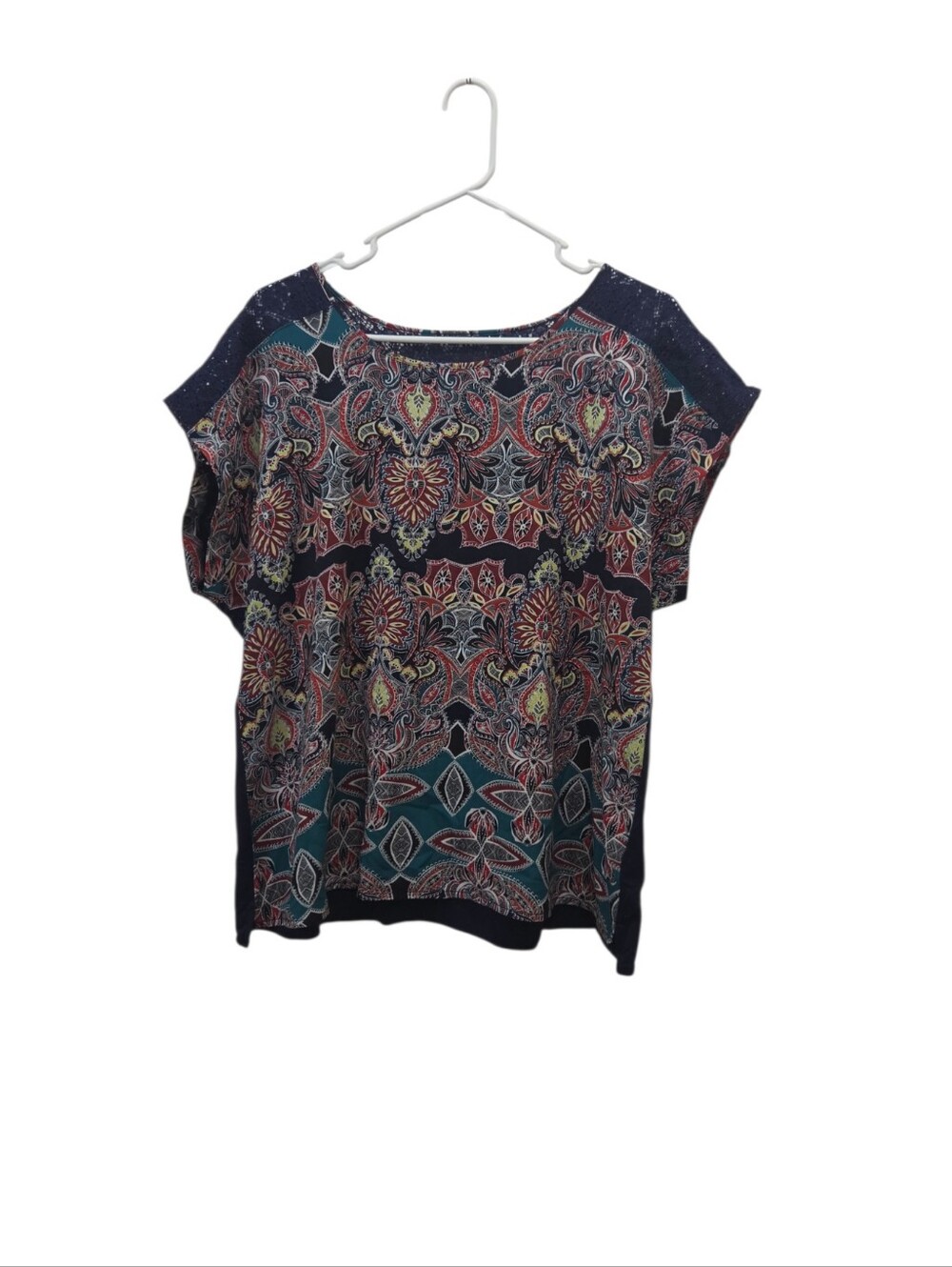 Van Heusen XL Paisley Medallion Blouse Navy Lace Shoulder Mixed Media Cap Sleeve